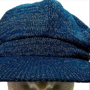 Women’s Shimmery Knit Winter Newsboy Cap Hat Blue Silver Lined Elastic Back